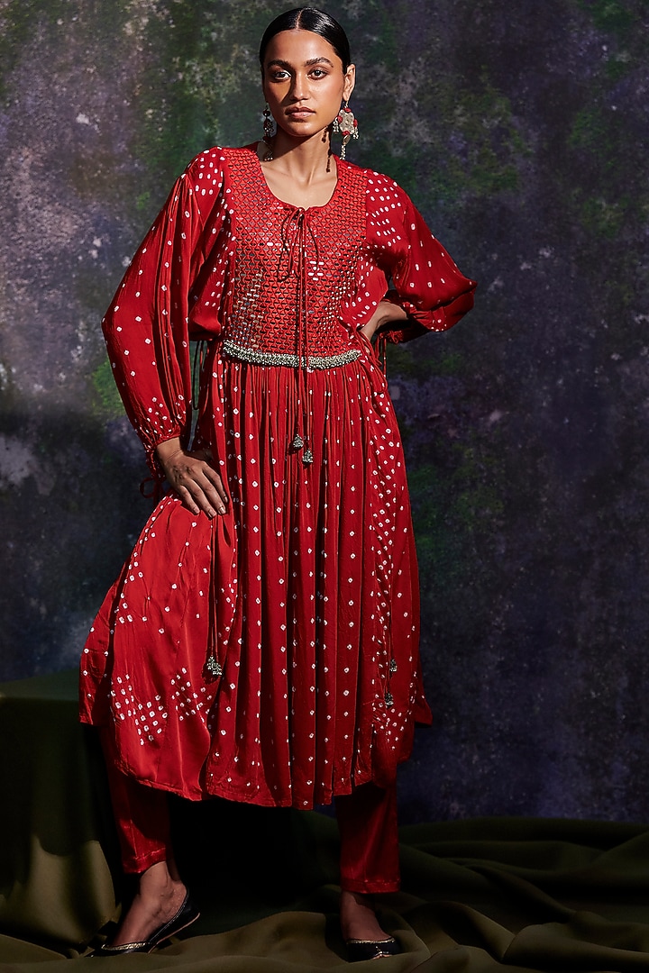 Cadmium Red Bandhej Embroidered Party Wear Anarkali Set by 5 Elements Apparel at Pernia's Pop Up Shop
