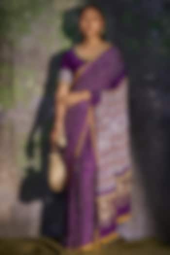 Purple Bandhej Embellished Saree Set by 5 Elements Apparel