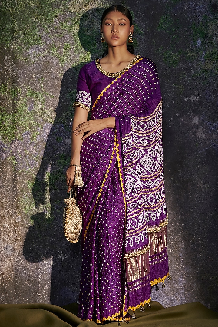 Purple Modal Satin Embellished Bandhej Saree Set by 5 Elements Apparel