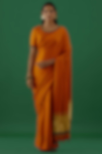 Orange Bandhej Satin Embellished Bandhej Saree Set by 5 Elements Apparel