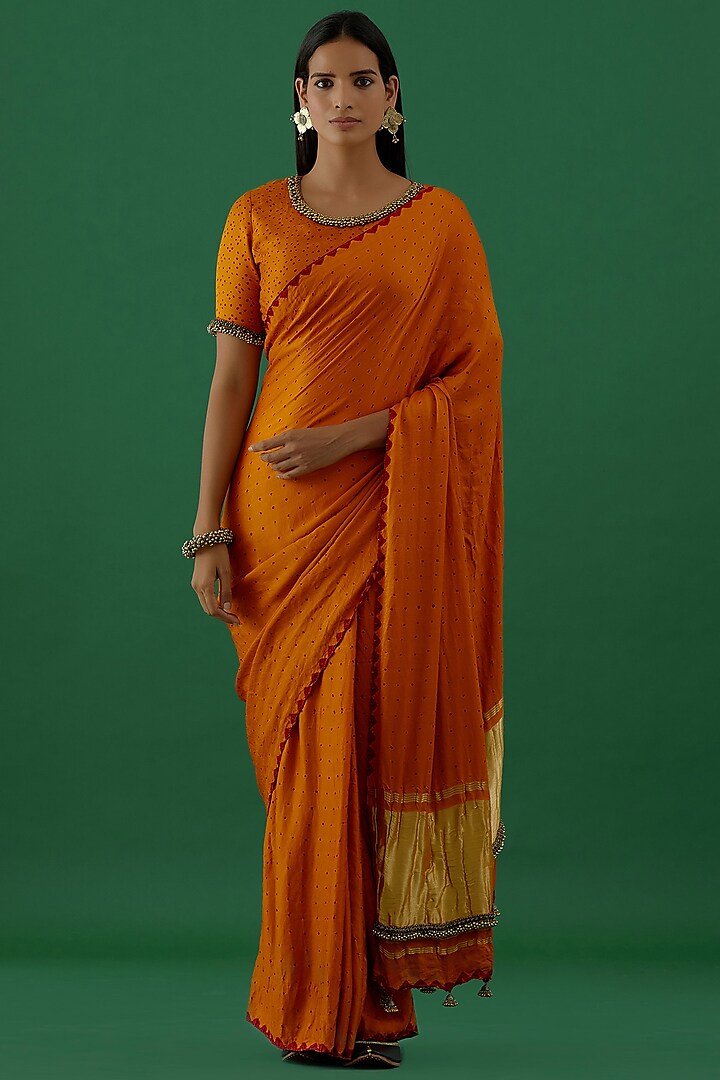 Orange Bandhej Embellished Saree Set by 5 Elements Apparel