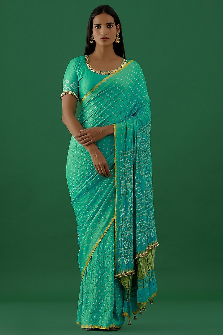 Neon Green Bandhej Embellished Saree Set by 5 Elements Apparel