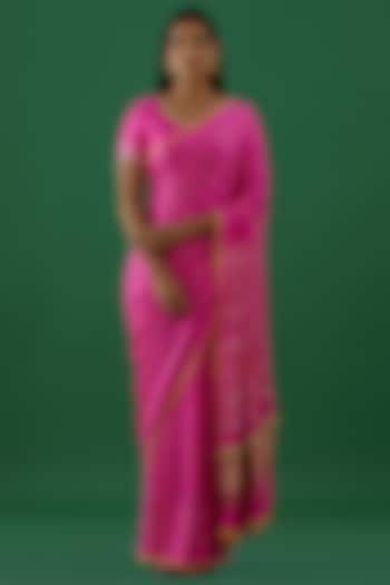 Neon Pink Bandhej Modal Satin Embellished Saree Set by 5 Elements Apparel