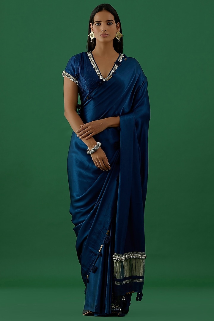 Navy Blue Embellished Saree Set by 5 Elements Apparel