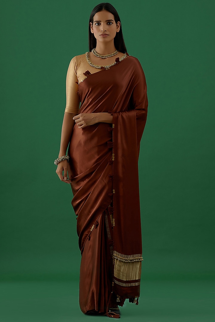 Brown Modal Satin Embellished Bandhej Saree Set by 5 Elements Apparel