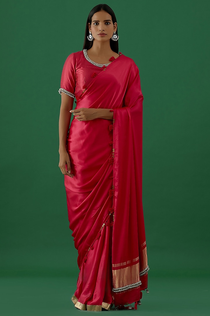 Fuchsia Embellished Saree Set by 5 Elements Apparel