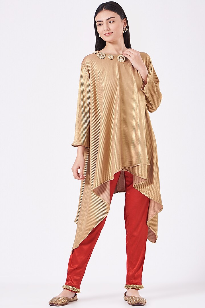 Bronze Embellished Pleated Overlapped Tunic by 5 Elements Apparel