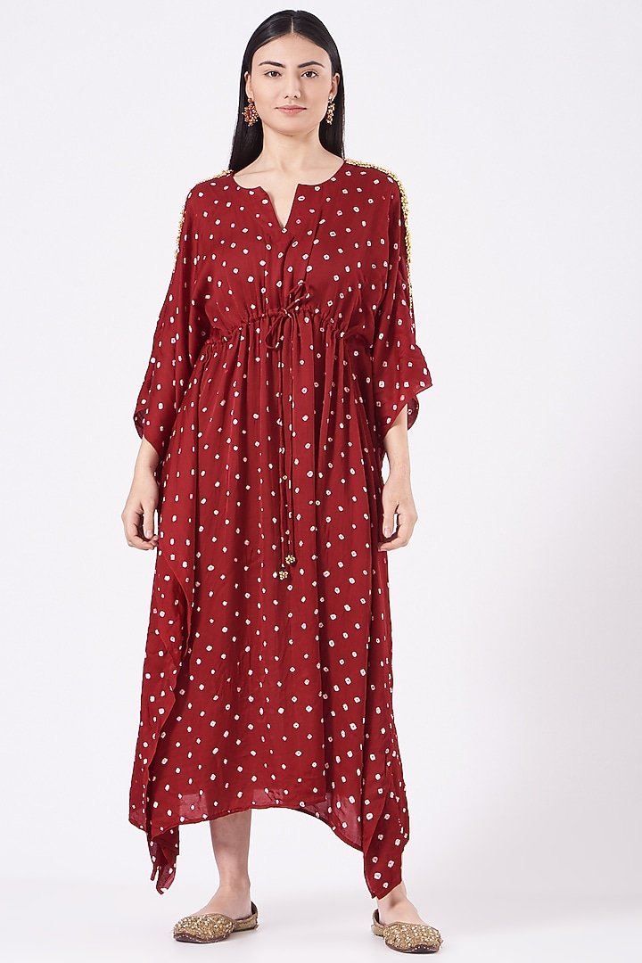 Deep Red Bandhani Printed Kaftan by 5 Elements Apparel at Pernia's Pop Up Shop