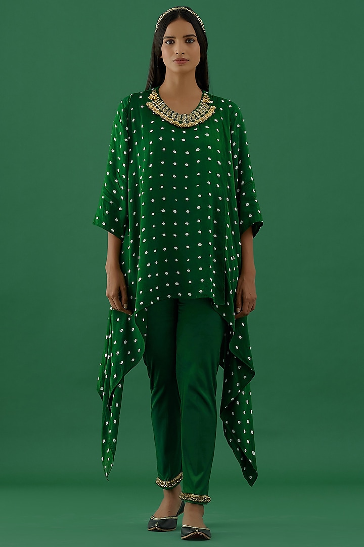 Green Bandhani Asymmetrical Tunic Set by 5 Elements Apparel