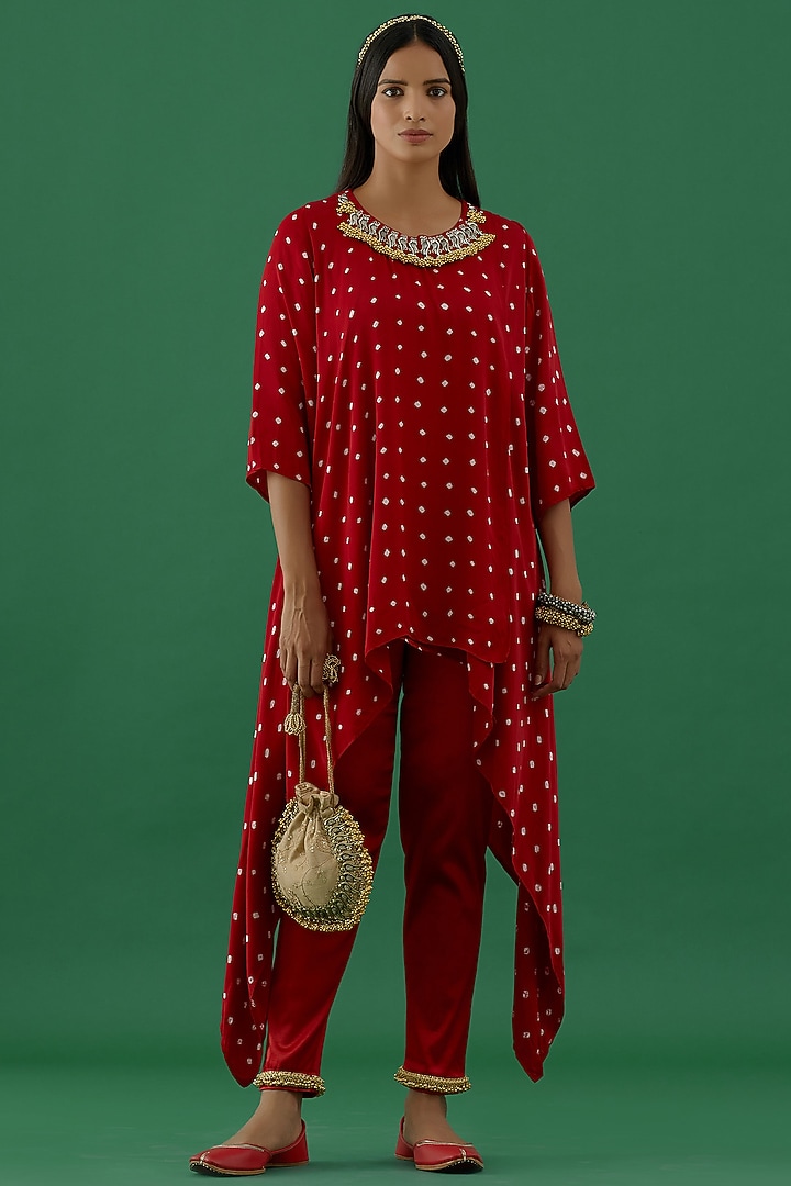 Red Bandhani Asymmetrical Tunic by 5 Elements Apparel at Pernia's Pop Up Shop