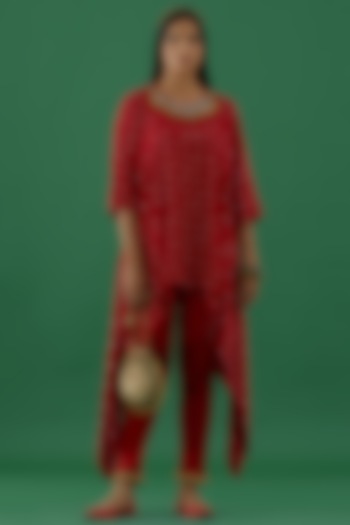 Red Bandhani Asymmetrical Tunic Set by 5 Elements Apparel