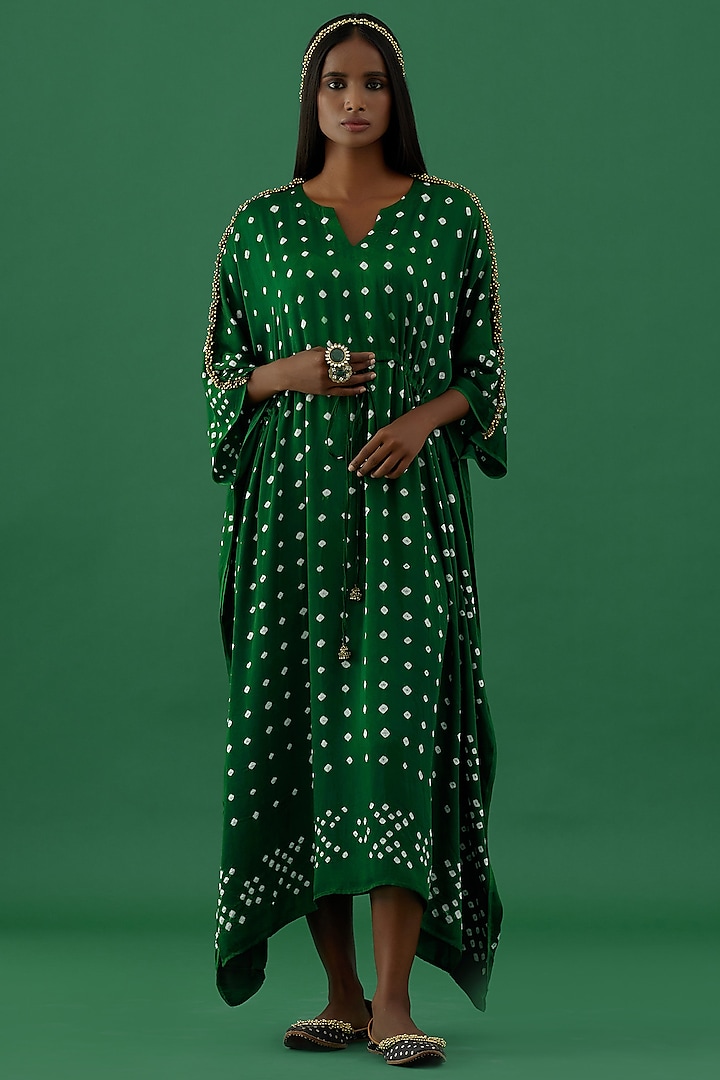 Green Bandhani Kaftan by 5 Elements Apparel