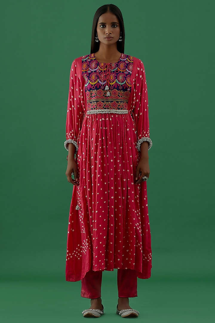 Pink Bandhani Hand-Stitched Anarkali by 5 Elements Apparel at Pernia's Pop Up Shop