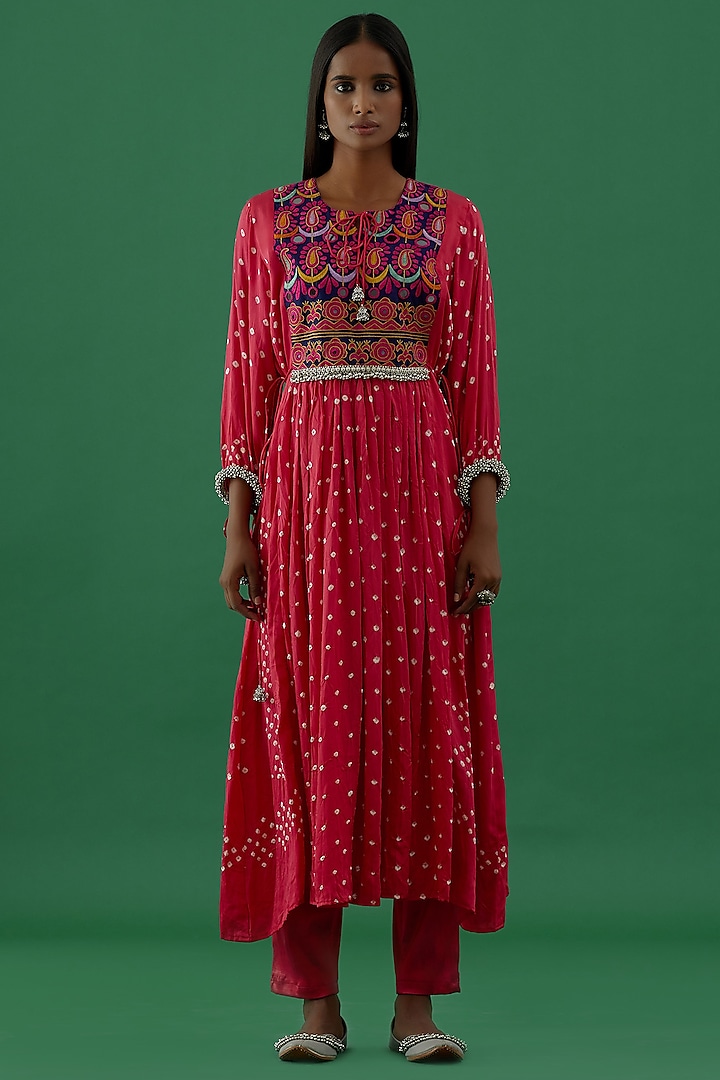 Pink Bandhani Hand-Stitched Anarkali Set by 5 Elements Apparel