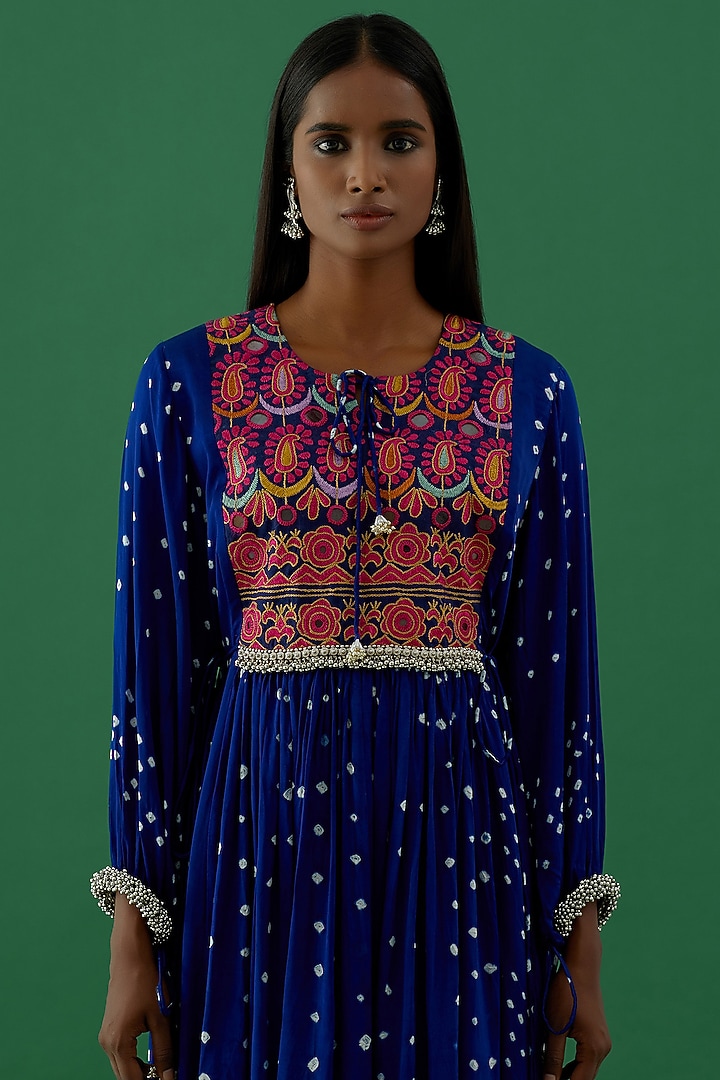 Royal Blue Bandhani Hand-Stitched Party Wear Anarkali by 5 Elements Apparel at Pernia's Pop Up Shop
