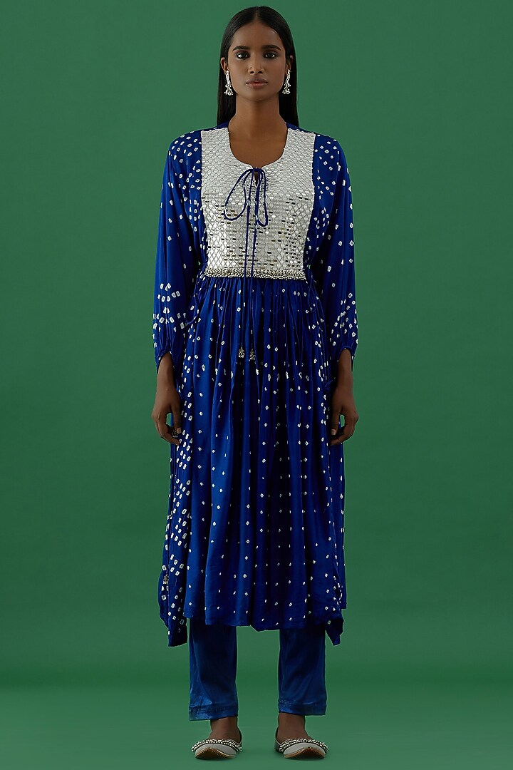 Blue Bandhej Party Wear Anarkali Set by 5 Elements Apparel at Pernia's Pop Up Shop