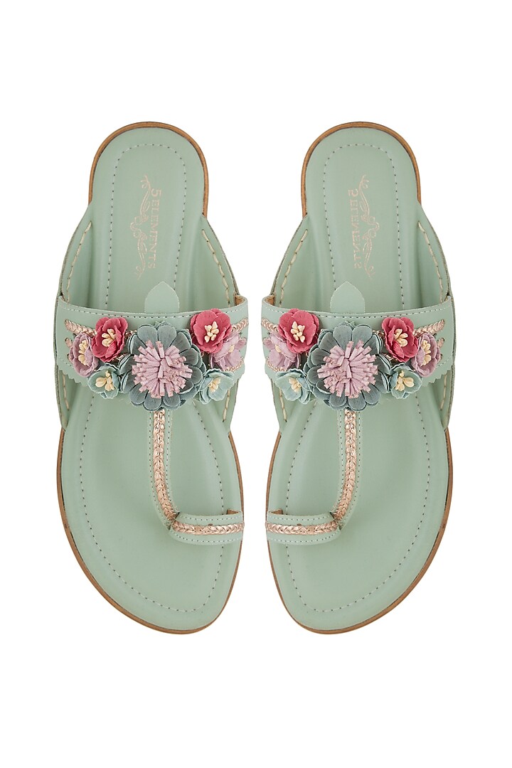 Mint Green Floral Kolhapuris by 5 Elements at Pernia's Pop Up Shop