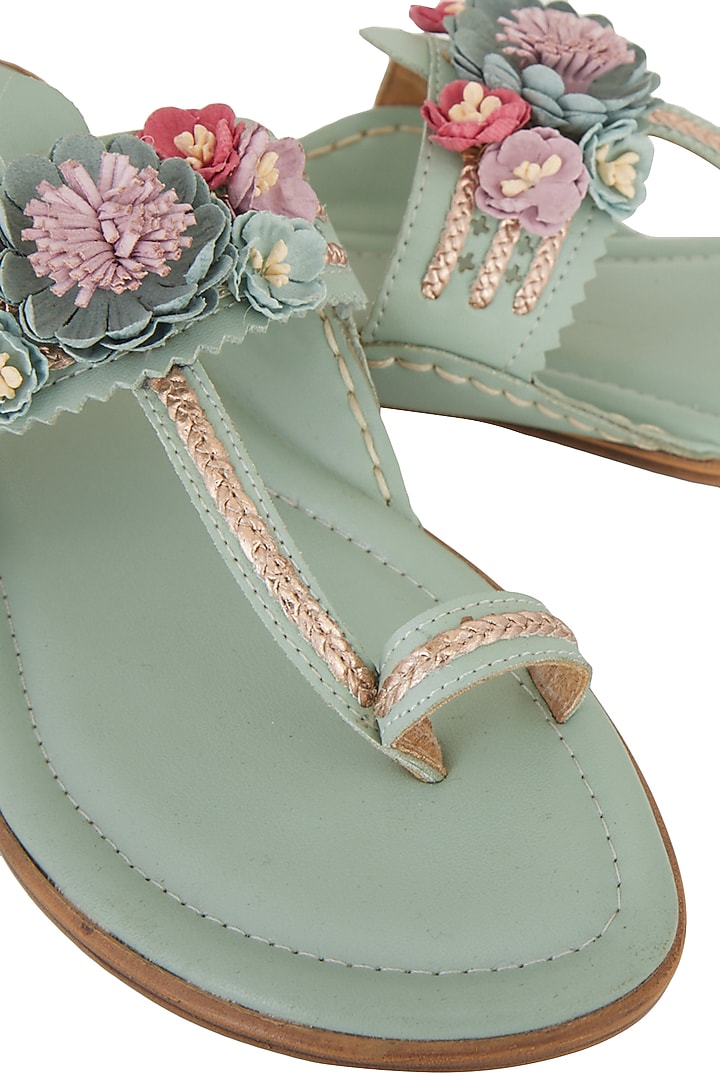 Mint Green Floral Kolhapuris by 5 Elements at Pernia's Pop Up Shop