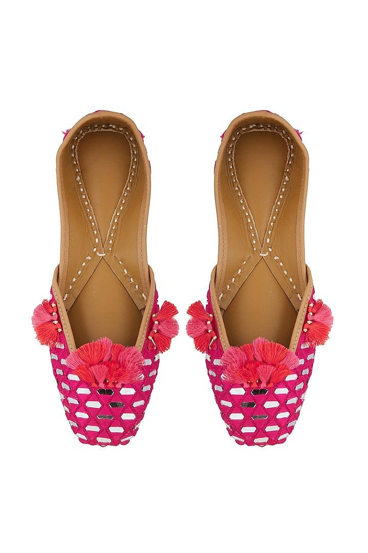 Pink Mirror Embroidered Juttis by 5 Elements at Pernia's Pop Up Shop