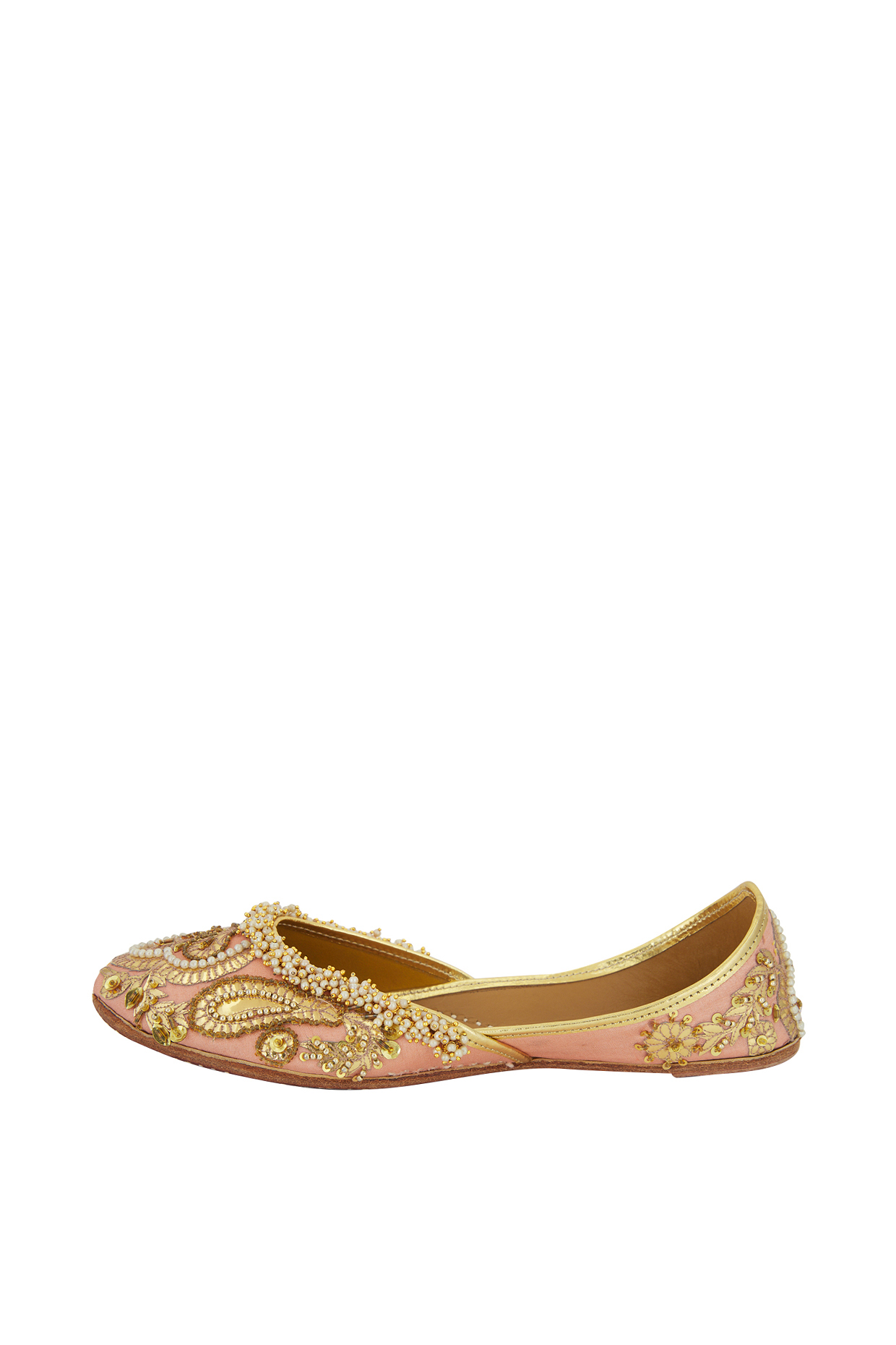 Light Peach Silk Embroidered Juttis by 5 Elements at Pernia's Pop Up Shop
