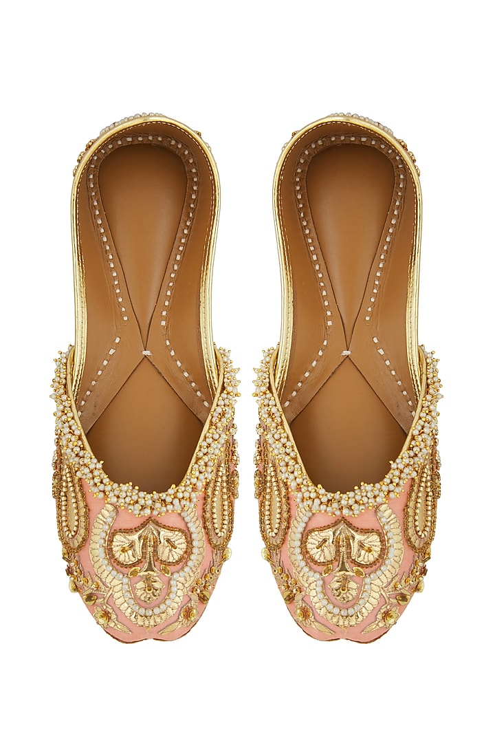 Light Peach Silk Embroidered Juttis by 5 Elements at Pernia's Pop Up Shop