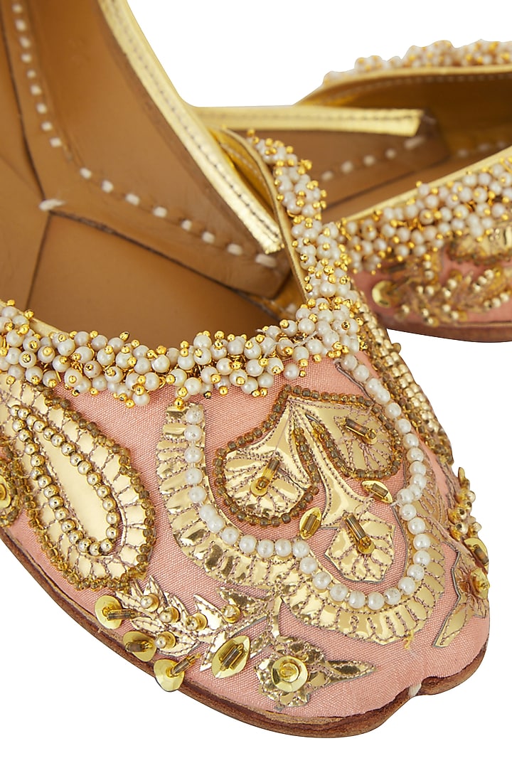 Light Peach Silk Embroidered Juttis by 5 Elements at Pernia's Pop Up Shop