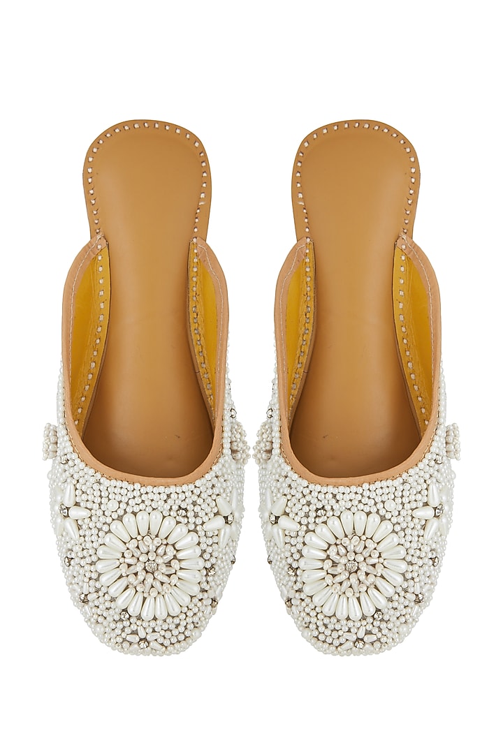 White Embroidered Silk Juttis by 5 Elements at Pernia's Pop Up Shop