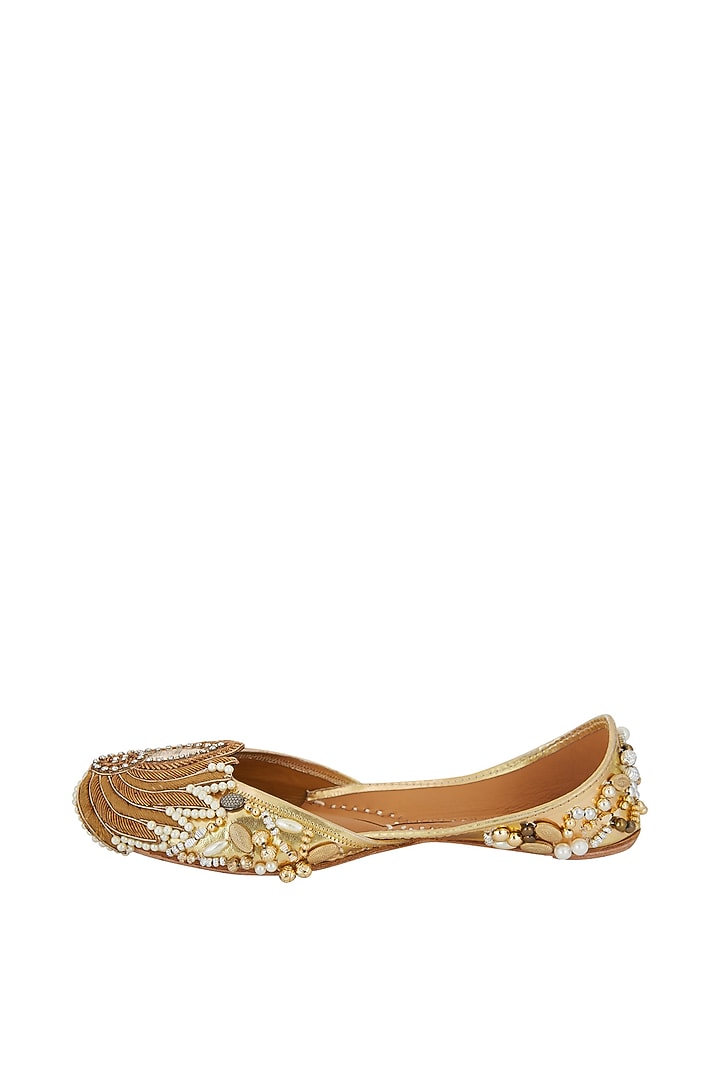 Gold Embroidered Leather Juttis by 5 Elements at Pernia's Pop Up Shop