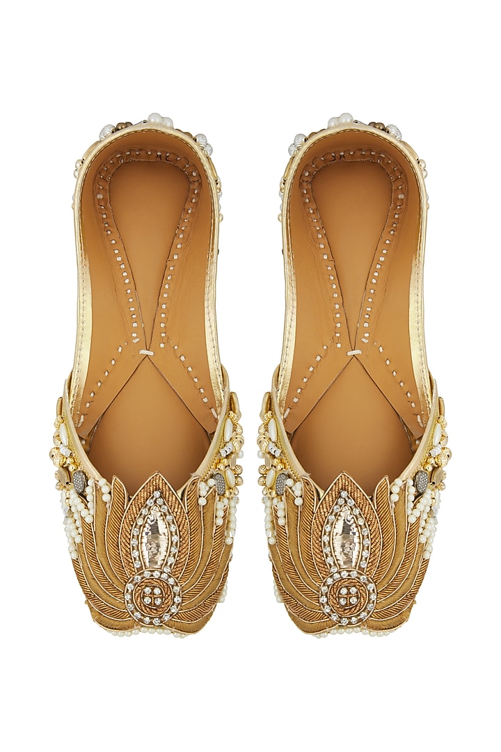 Gold Embroidered Leather Juttis by 5 Elements at Pernia's Pop Up Shop
