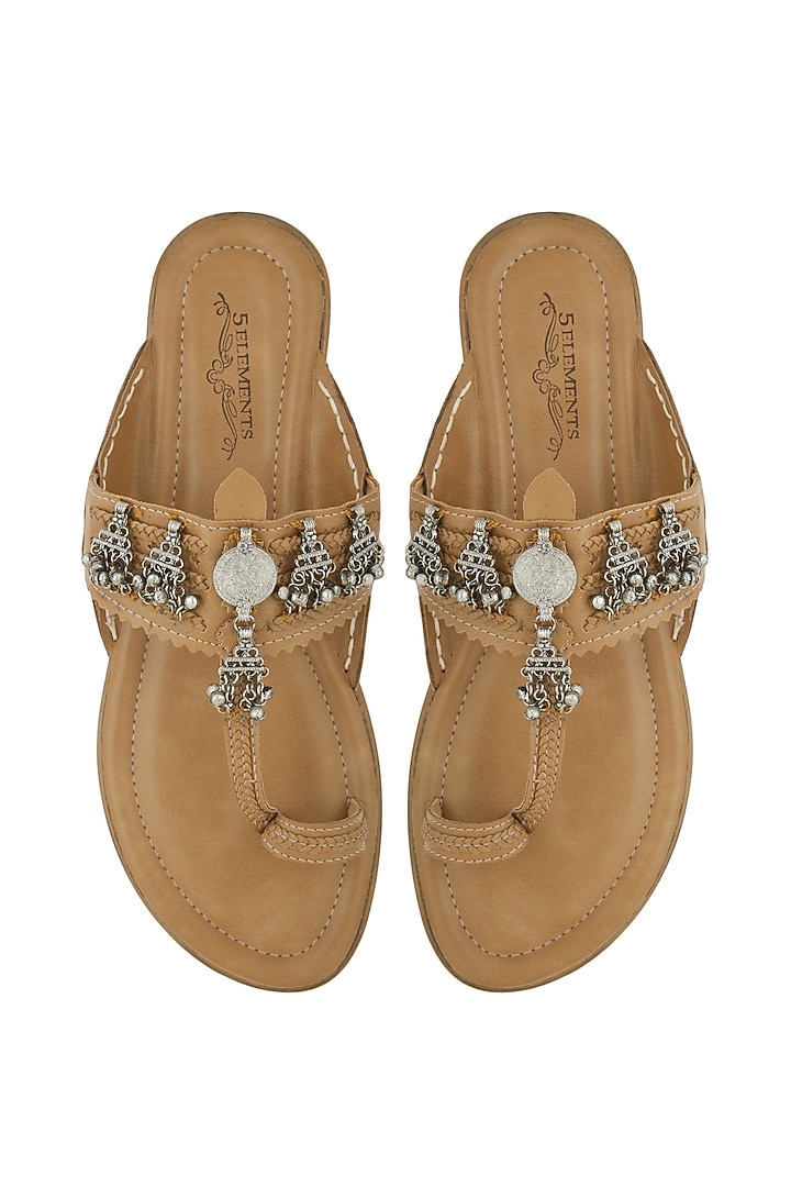 Beige Embroidered Kolhapuris With Ghungroos by 5 Elements at Pernia's Pop Up Shop