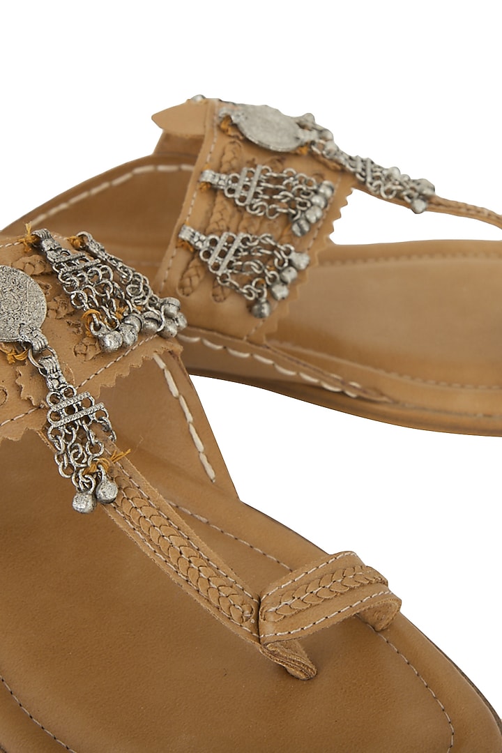 Beige Embroidered Kolhapuris With Ghungroos by 5 Elements at Pernia's Pop Up Shop