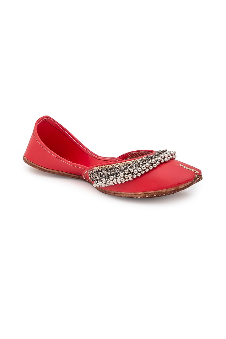 Red Ghungroo Embellished Juttis by 5 Elements at Pernia's Pop Up Shop