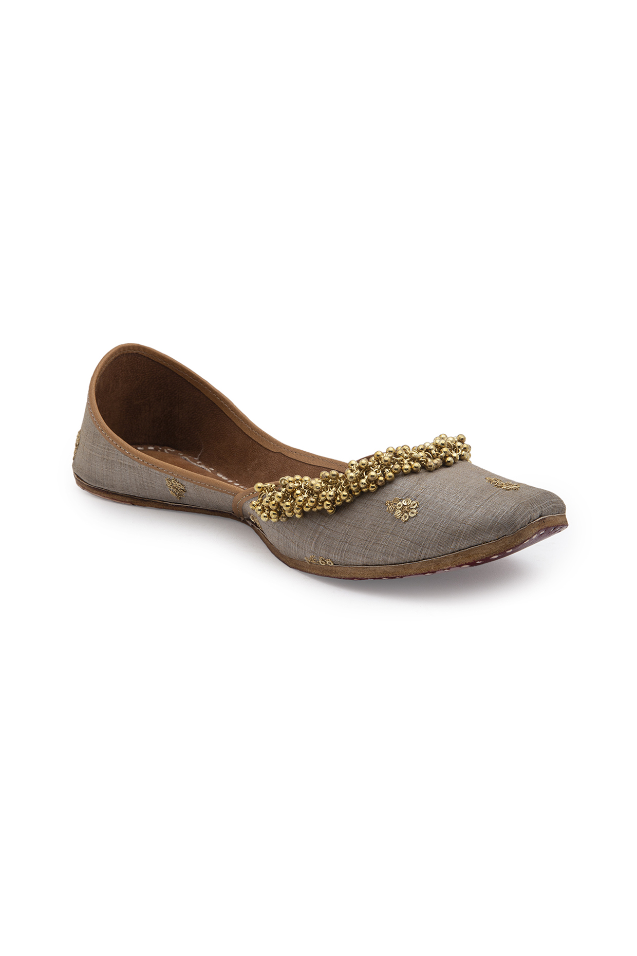 Grey Silk Ghungroo Embellished Juttis by 5 Elements at Pernia's Pop Up Shop