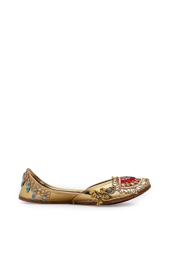 Gold Faux Leather Juttis by 5 Elements at Pernia's Pop Up Shop