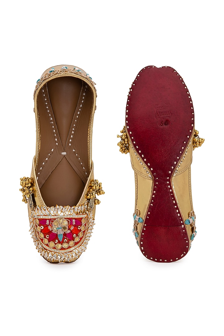 Gold Faux Leather Juttis by 5 Elements at Pernia's Pop Up Shop