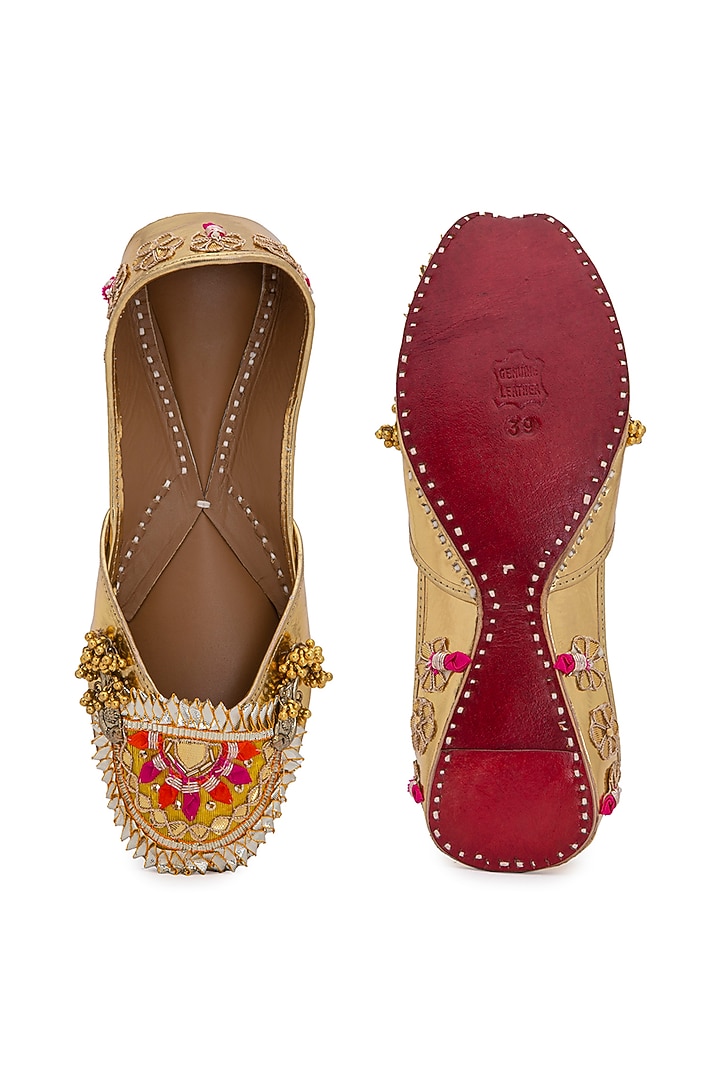 Gold Gota Patti Embroidered Juttis by 5 Elements at Pernia's Pop Up Shop