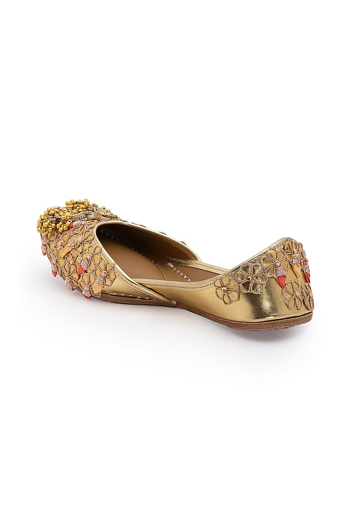 Gold Juttis With Embroidery by 5 Elements at Pernia's Pop Up Shop