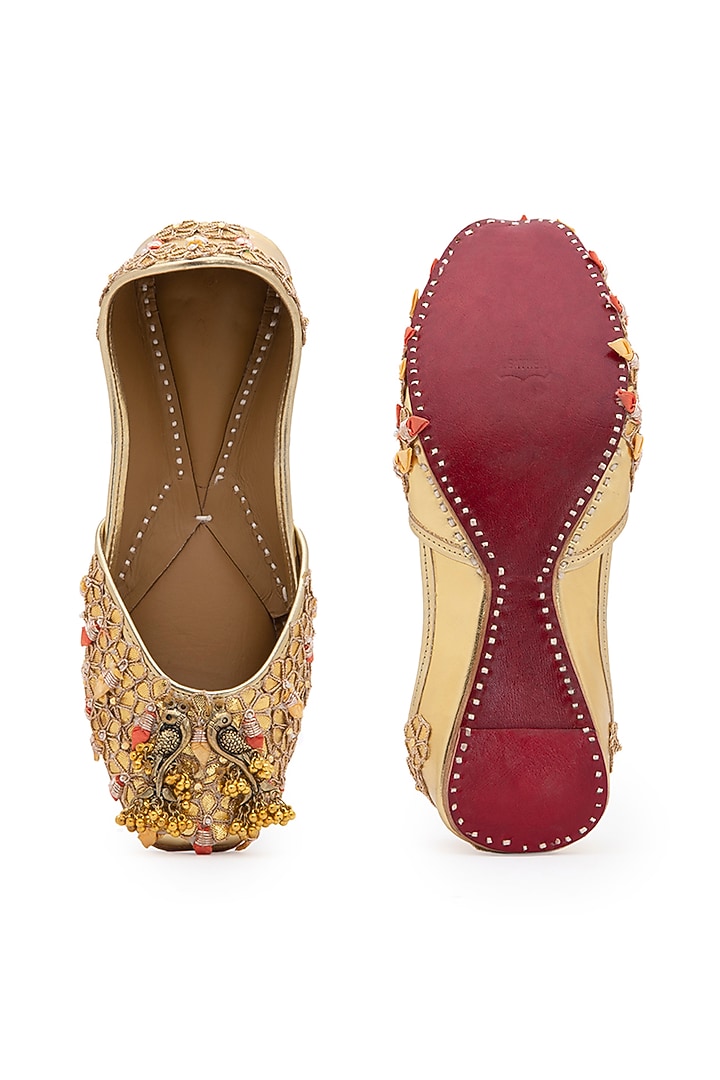 Gold Juttis With Embroidery by 5 Elements at Pernia's Pop Up Shop