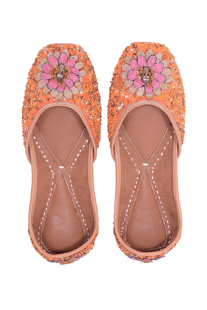 Orange Sequins Embellished Juttis by 5 Elements at Pernia's Pop Up Shop