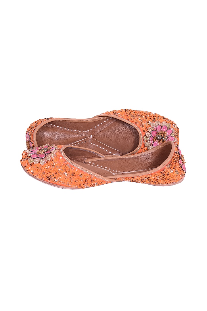 Orange Sequins Embellished Juttis by 5 Elements at Pernia's Pop Up Shop