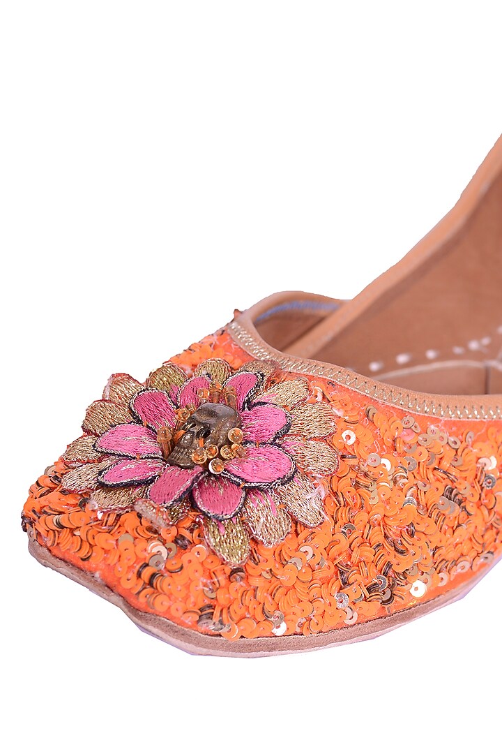 Orange Sequins Embellished Juttis by 5 Elements at Pernia's Pop Up Shop
