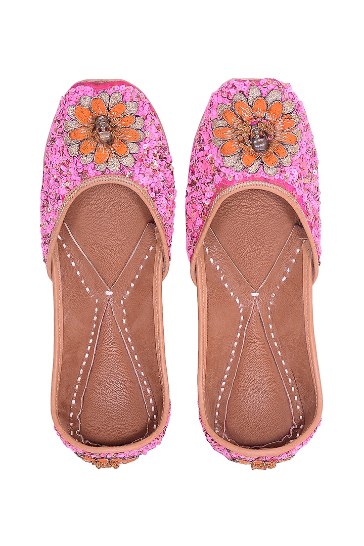 Pink Sequins Embellished Juttis by 5 Elements at Pernia's Pop Up Shop