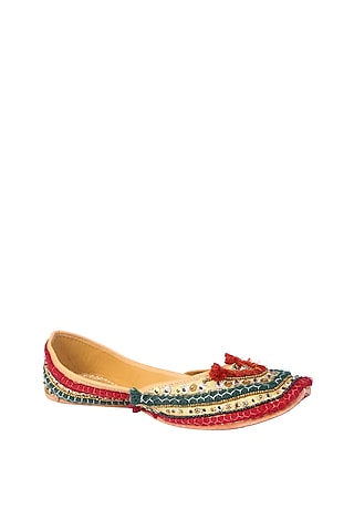 Red & Green Juttis With Cutdana Detailing by 5 Elements