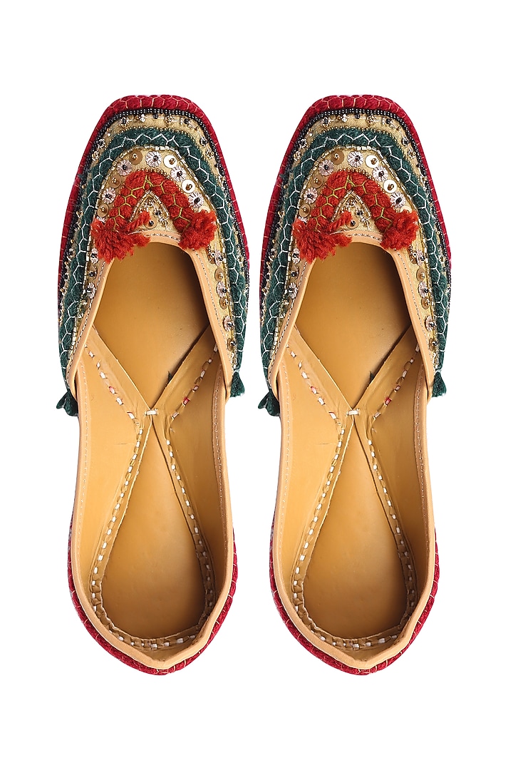 Red & Green Juttis With Cutdana Detailing by 5 Elements at Pernia's Pop Up Shop