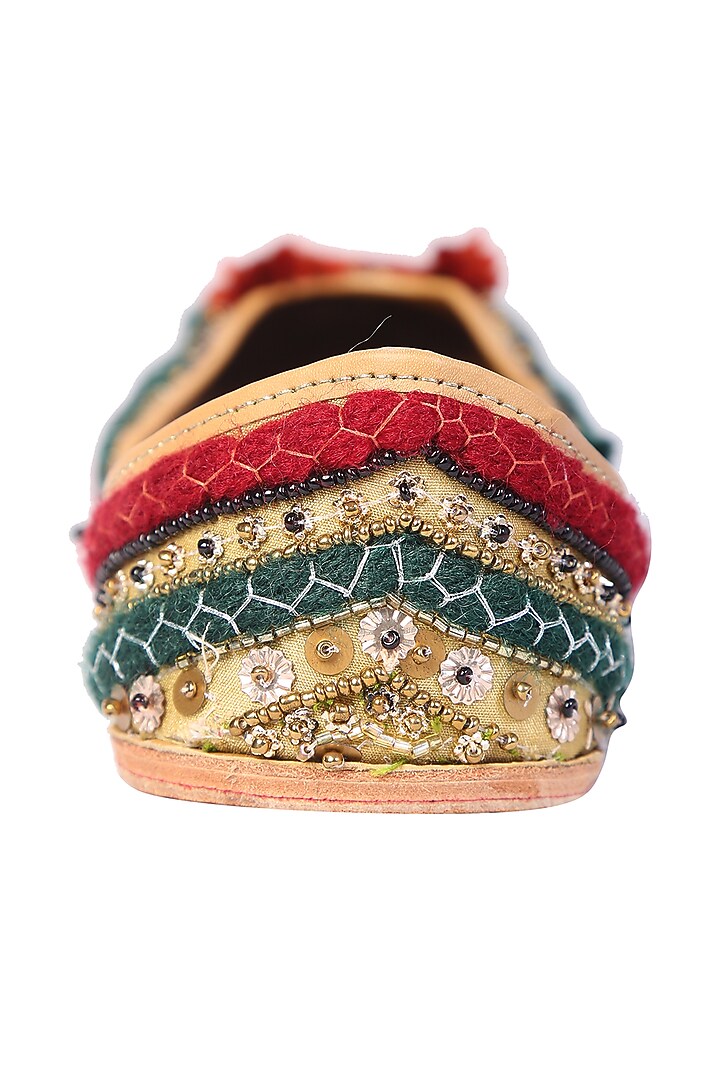 Red & Green Juttis With Cutdana Detailing by 5 Elements at Pernia's Pop Up Shop