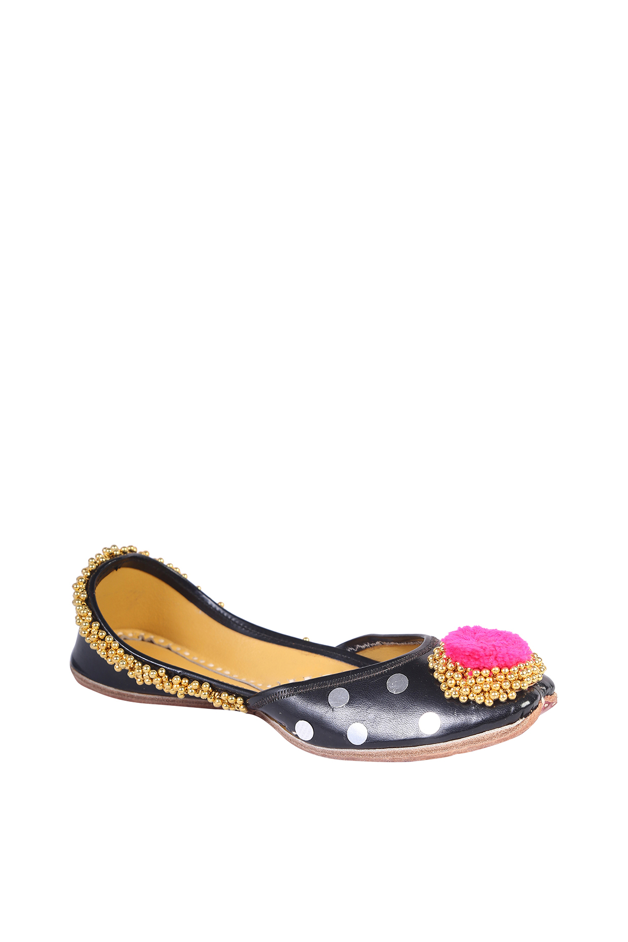 Black Juttis With Pom-Poms by 5 Elements at Pernia's Pop Up Shop