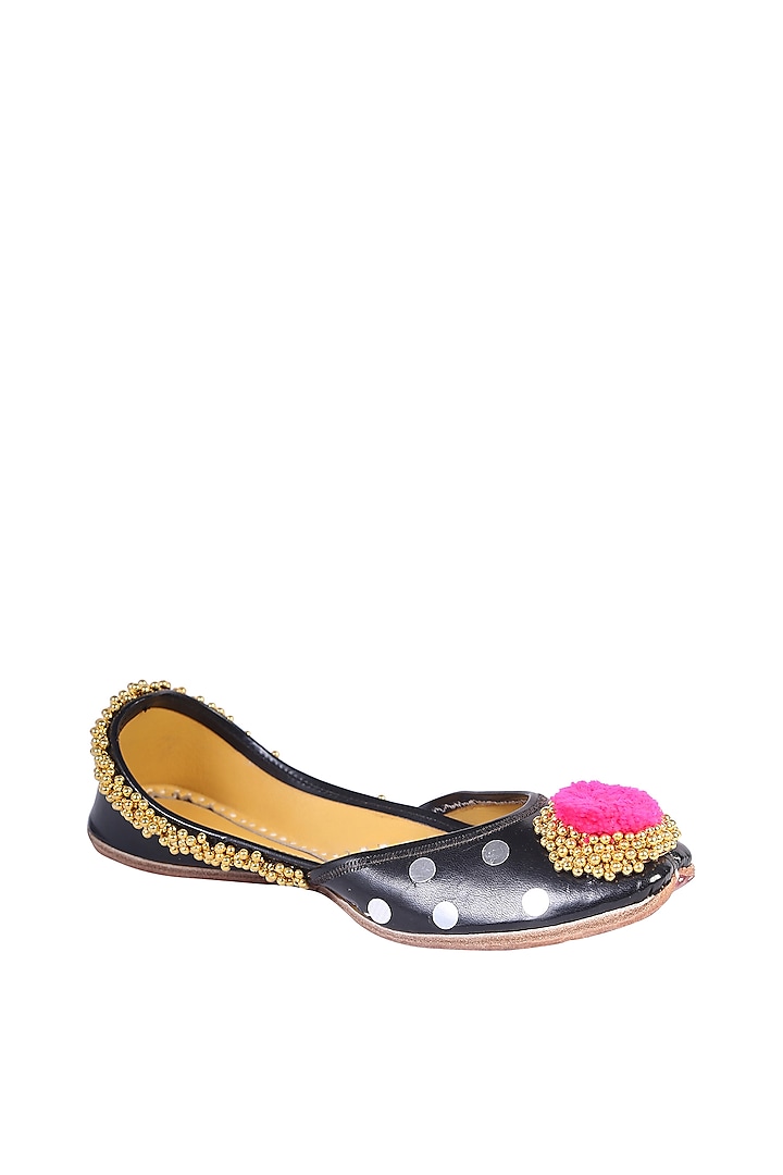 Black Juttis With Pom-Poms by 5 Elements at Pernia's Pop Up Shop