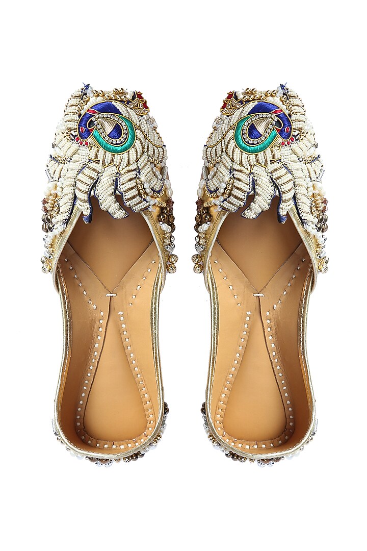 Gold Juttis With Peacock Patchwork by 5 Elements at Pernia's Pop Up Shop