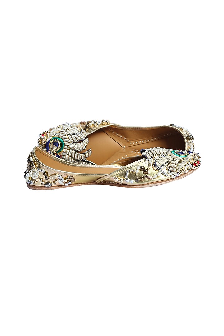 Gold Juttis With Peacock Patchwork by 5 Elements at Pernia's Pop Up Shop