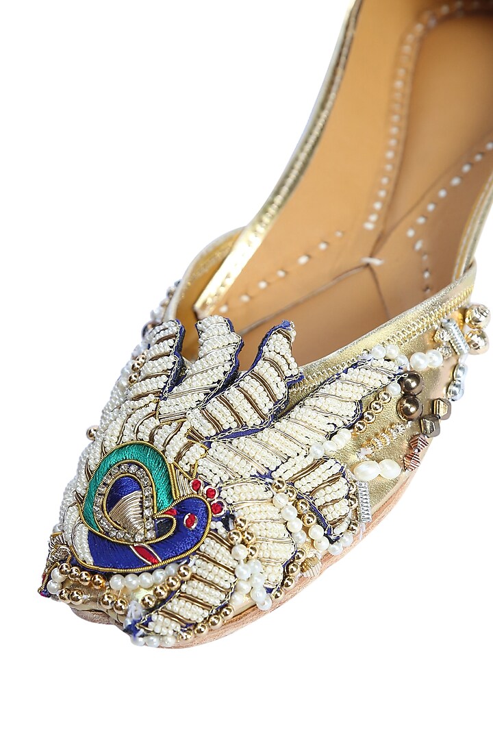 Gold Juttis With Peacock Patchwork by 5 Elements at Pernia's Pop Up Shop